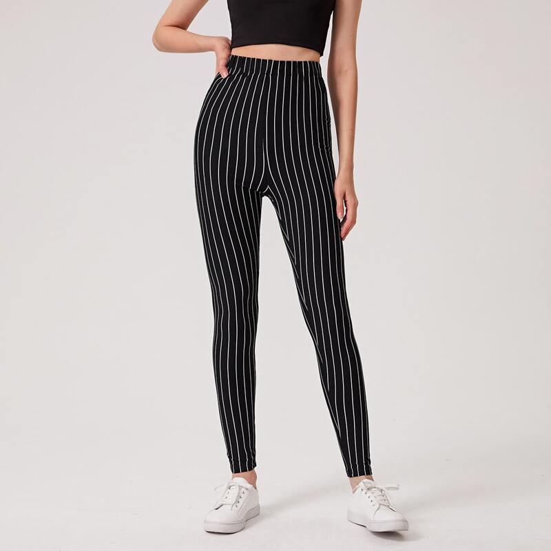 

Striped High Waist Leggings, Black
