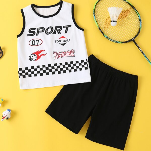 

Toddler Boys Plaid And Letter Graphic Tank Top & Shorts, Black and white