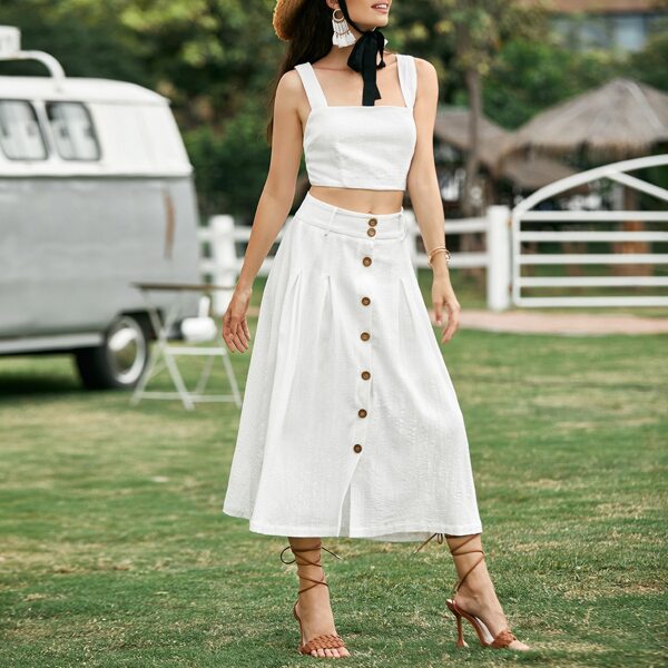 

Zipper Back Crop Tank Top & Button Fly Boxy Pleated Skirt Set, White