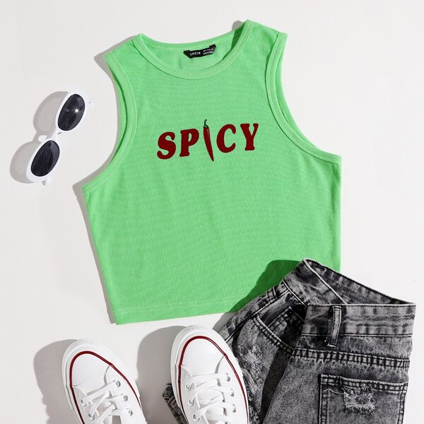 

Letter & Chili Print Tank Top, Mint green