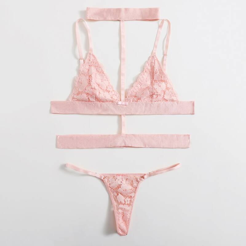 

Scallop Trim Lace Lingerie Set, Baby pink