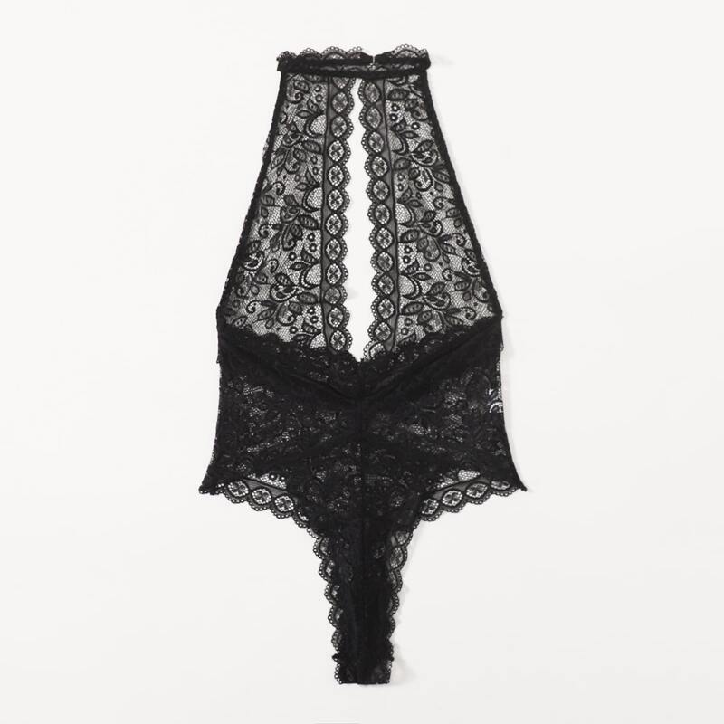 

Scallop Trim Lace Teddy Bodysuit, Black