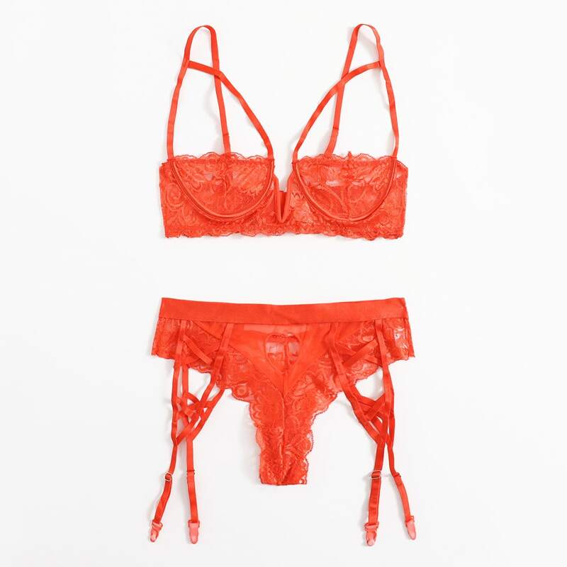

Scallop Trim Lace Garter Lingerie Set, Coral orange