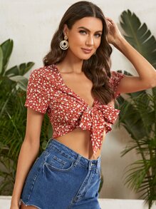 SHEIN Tops de mujeres Nudo floral de margarita Bohemio - Multicolor - Ver 5