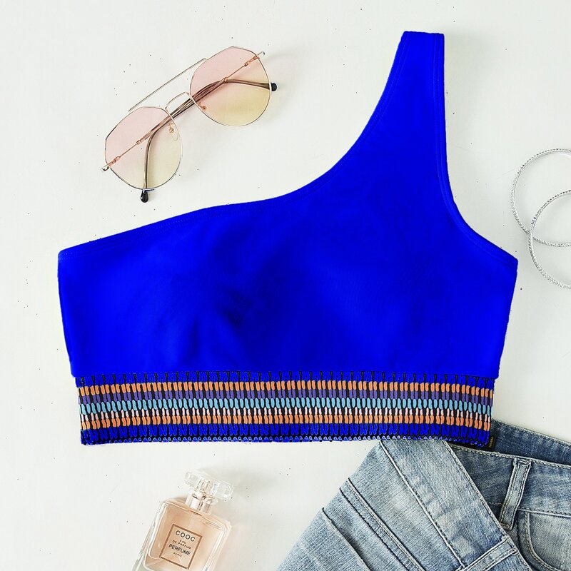 

Neon Blue Contrast Trim One Shoulder Bikini Top