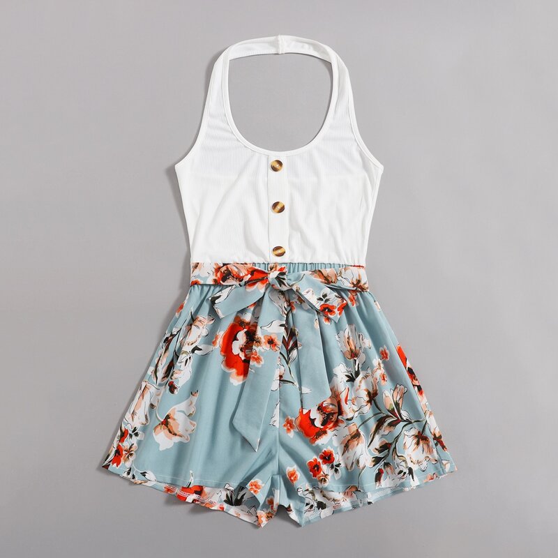 

Floral Print Belted Romper, Multicolor