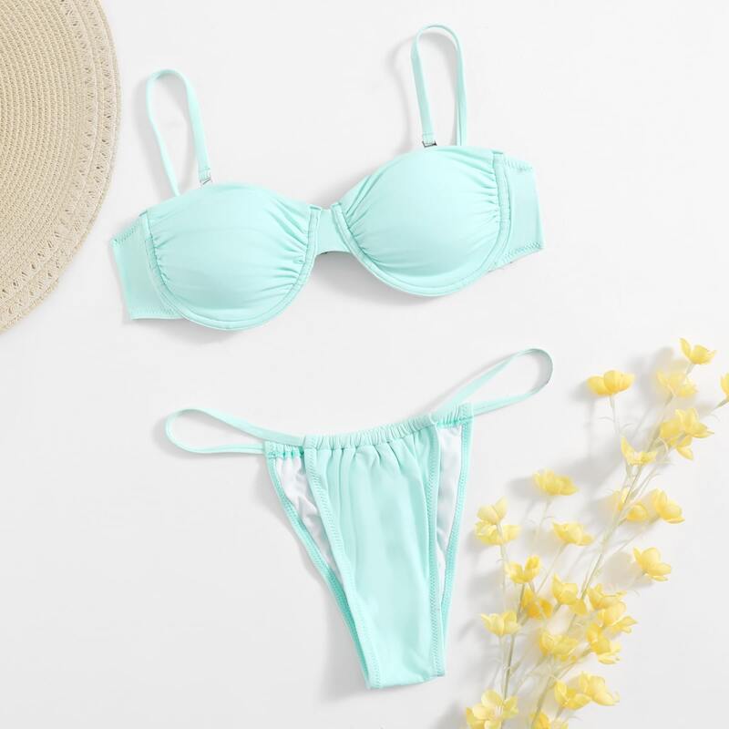 

Solid Tanga Bikini Swimsuit, Baby blue