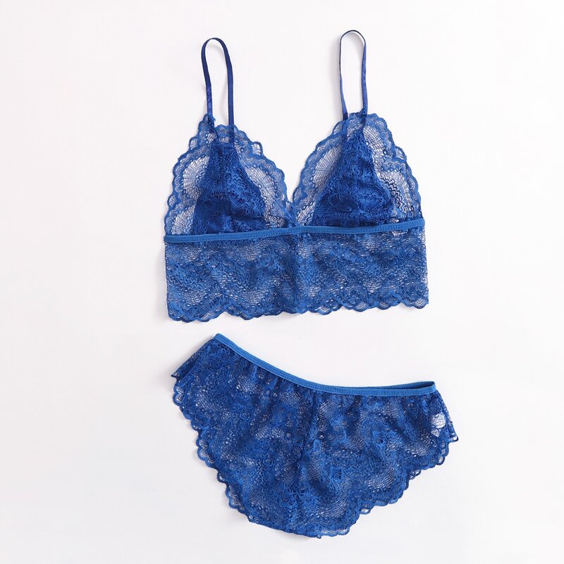 

Scallop Trim Lace Lingerie Set, Blue