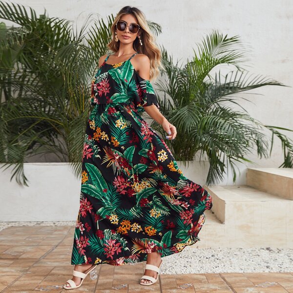 

Cold Shoulder Tropical Print Dress, Multicolor