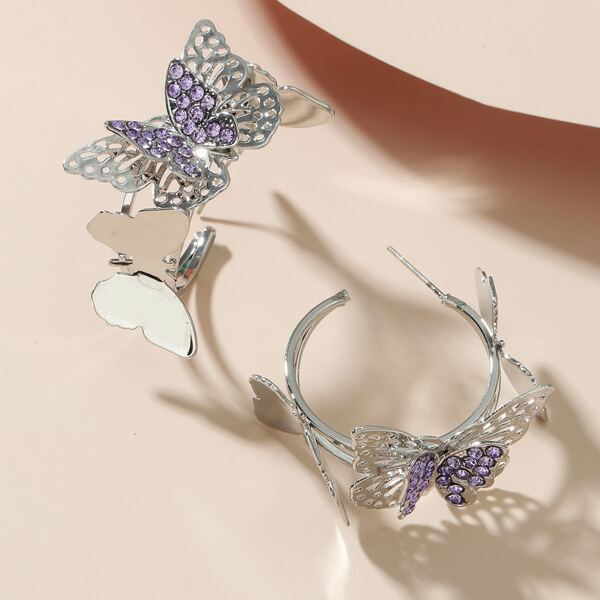 

Butterfly Decor Hoop Earrings, Silver