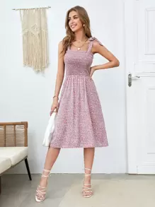 Ditsy Floral Shirred Cami Dress - Baby Pink - View 1