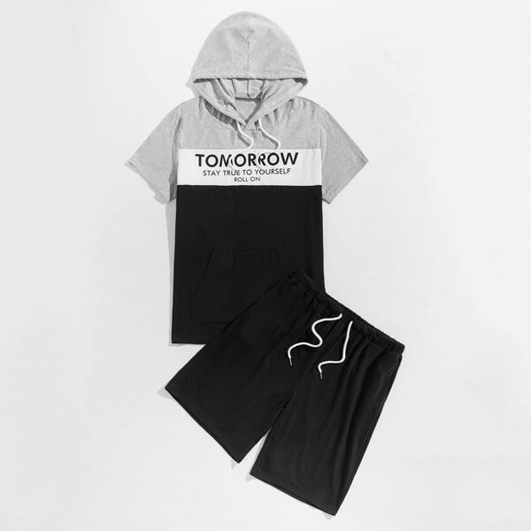

Men Slogan Graphic Color-block Drawstring Hooded Tee & Track Shorts, Multicolor