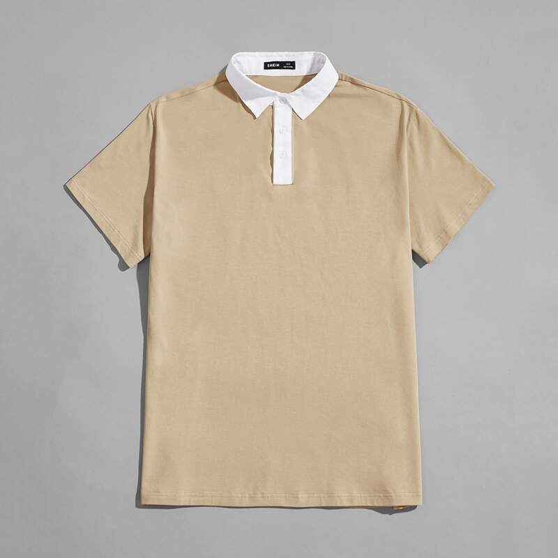 Guys Contrast Collar Polo Shirt, Khaki