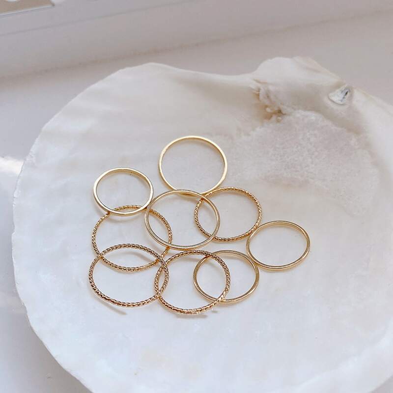 

9pcs Simple Textured Ring, Gold