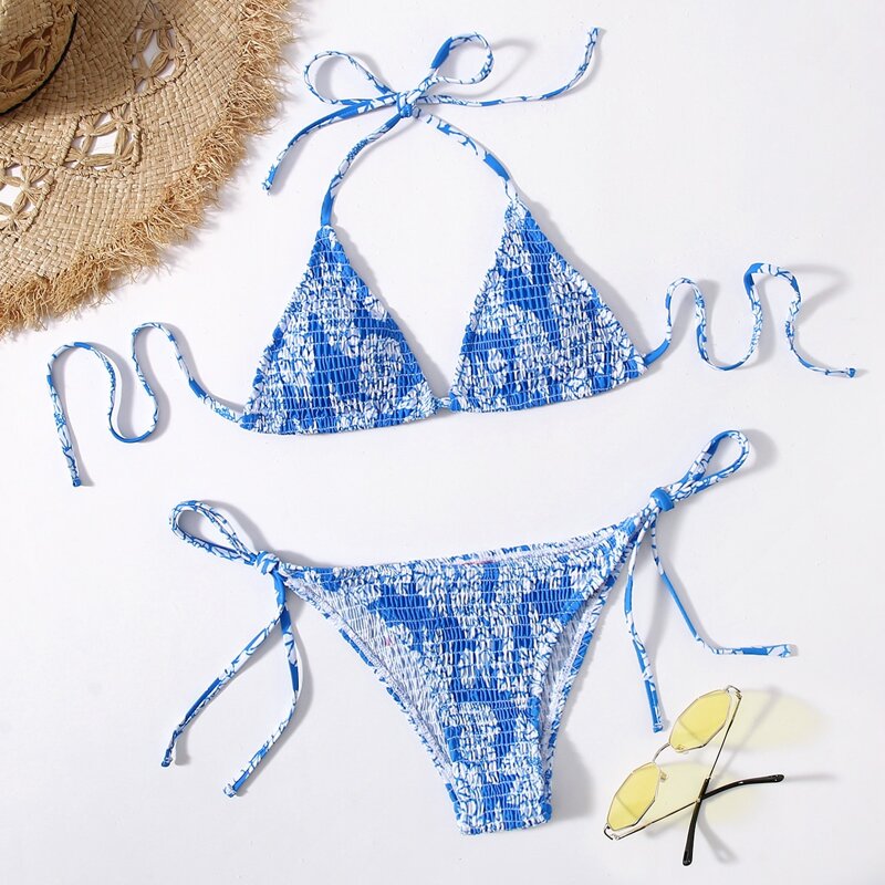 

Floral Smocked Bikini Swimsuit, Blue