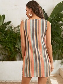 SHEIN V-neck Button Front Striped Colourblock Dress - Multicolor - View 2