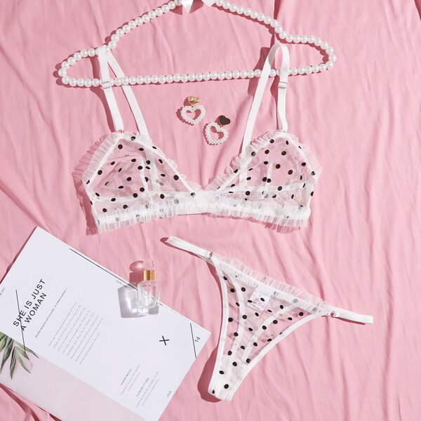 

Polka Dot Frill Trim Mesh Lingerie Set, White