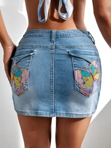 SHEIN 蝴蝶刺繡牛仔半身裙 - 淺色水洗藍 - 查看 3