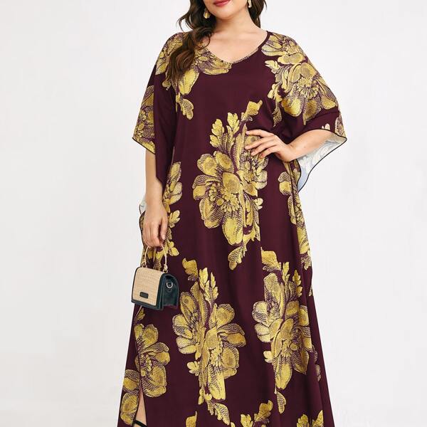 

Plus Big Floral V Neck Dress, Multicolor