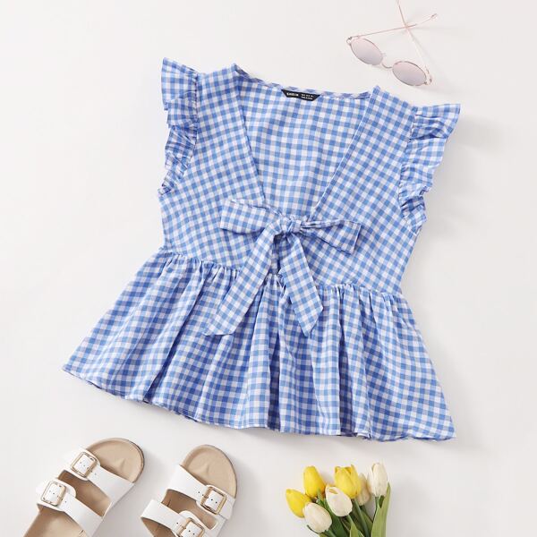 

Tie Front Gingham Blouse, Blue and white