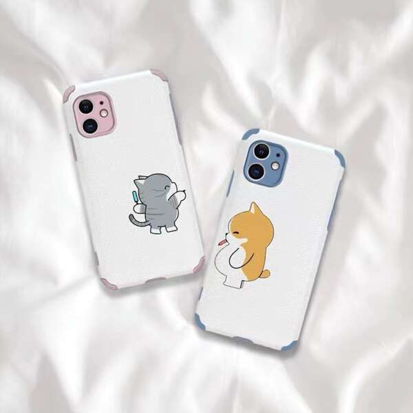 

2pcs Couple Cartoon Graphic Phone Case, Multicolor
