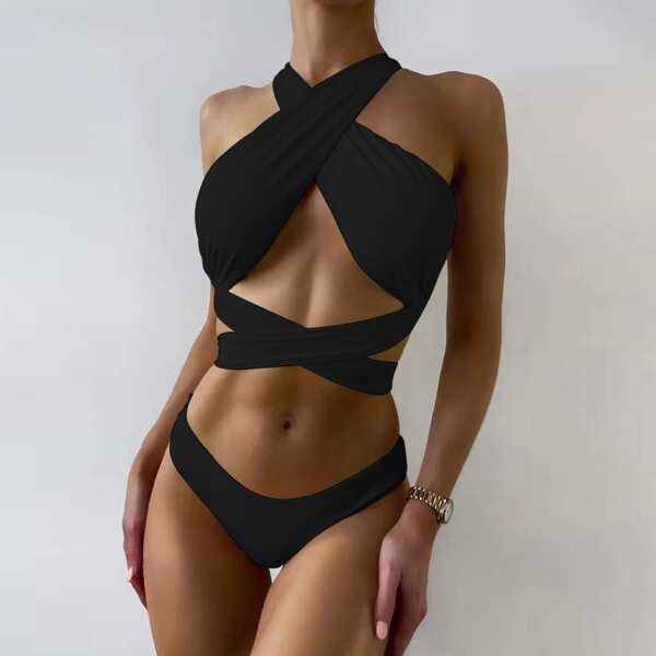 

Crisscross Front Bikini Swimsuit, Black