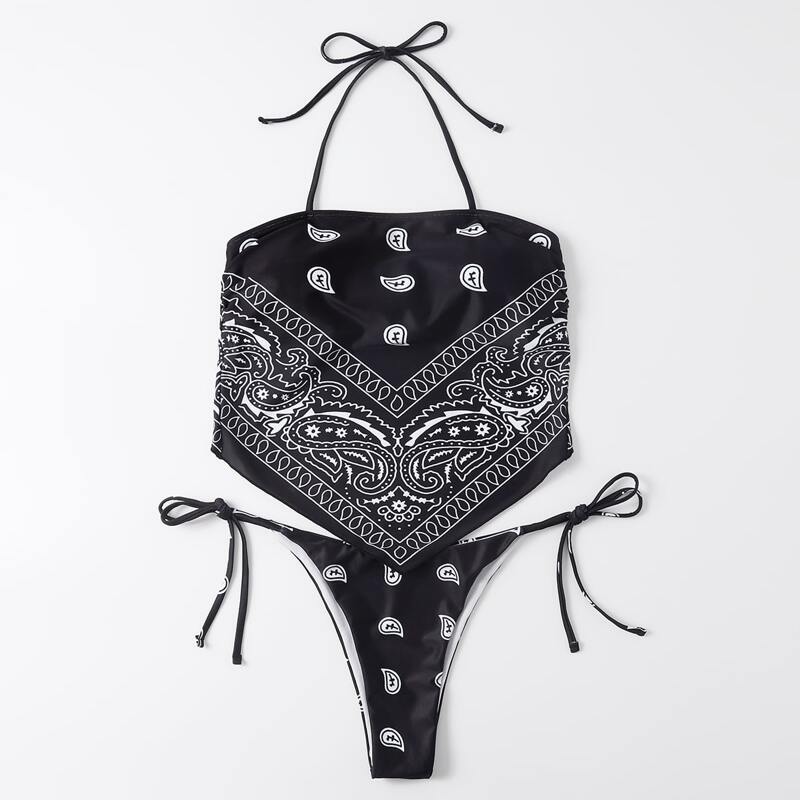 

Paisley Print Hanky Hem Tie Side Bikini Swimsuit, Black