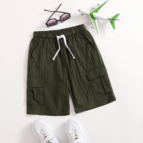 

Boys Drawstring Waist Flap Pocket Shorts, Army green