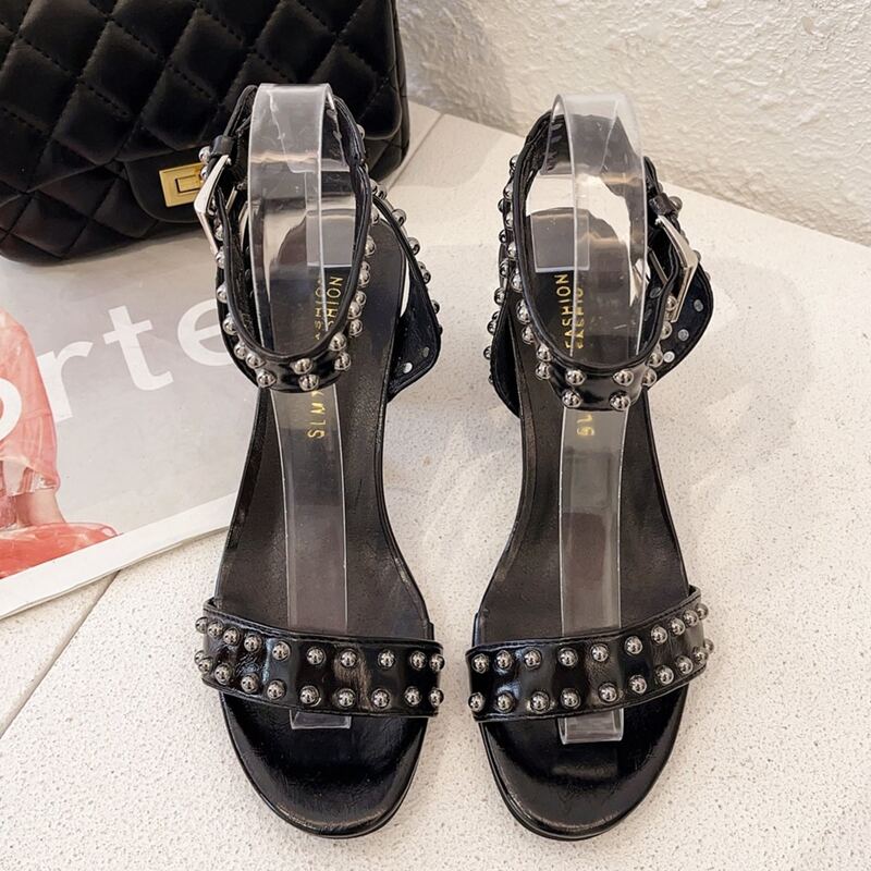 

Studded Ankle Strap Chunky Heeled Sandals, Black