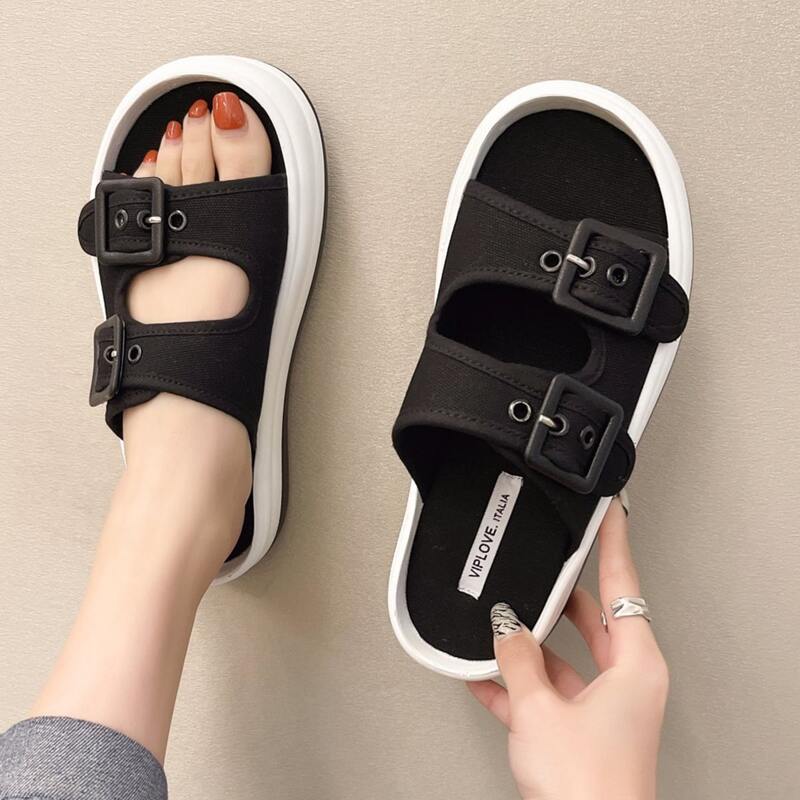 

Buckle Strap Flatform Slide Sandals, Black