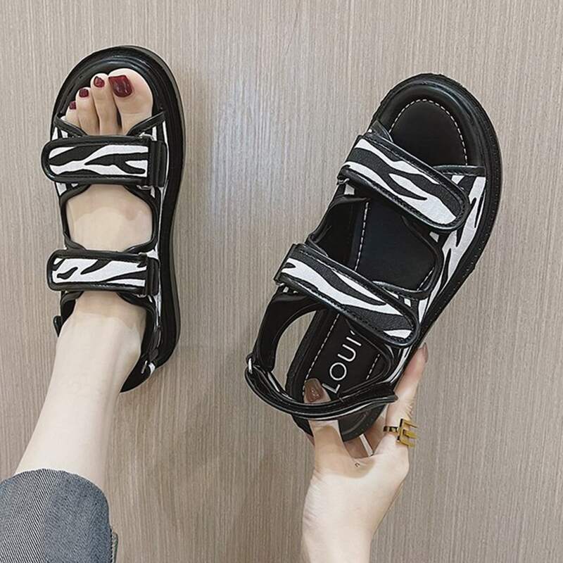 

Zebra Striped Velcro Strap Sandals, Black and white