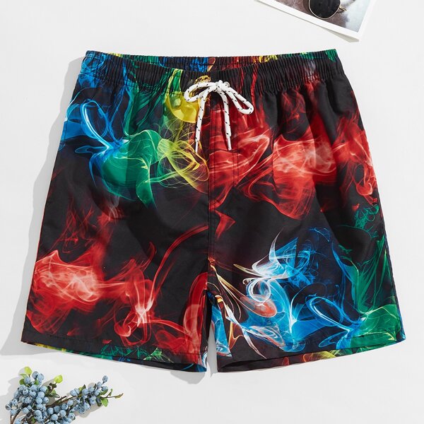 

Men 3D Smoke Print Drawstring Swim Trunks, Multicolor