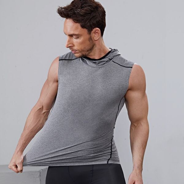 

Men Contrast Binding Hooded Sports Tank Top, Grey