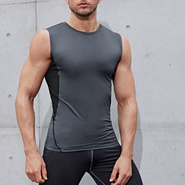 

Men Contrast Panel Sports Tank Top, Dark grey