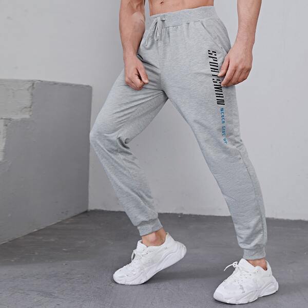 

Men Slogan Graphic Drawstring Waist Sports Pants, Light grey