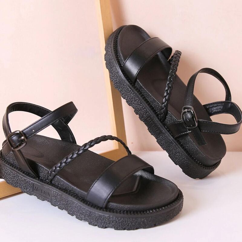 

Braided Ankle Strap Sandals, Black