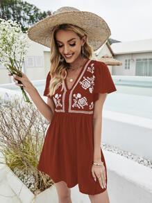 花卉刺繡連衣裙 - 紅木色 - 查看 4