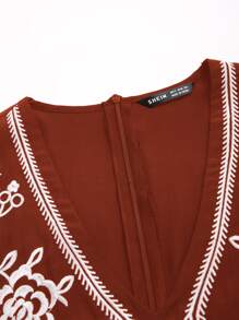 花卉刺繡連衣裙 - 紅木色 - 查看 5