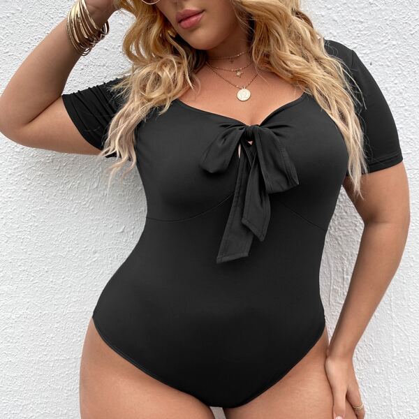 

Plus Tie Front Solid Bodysuit, Black