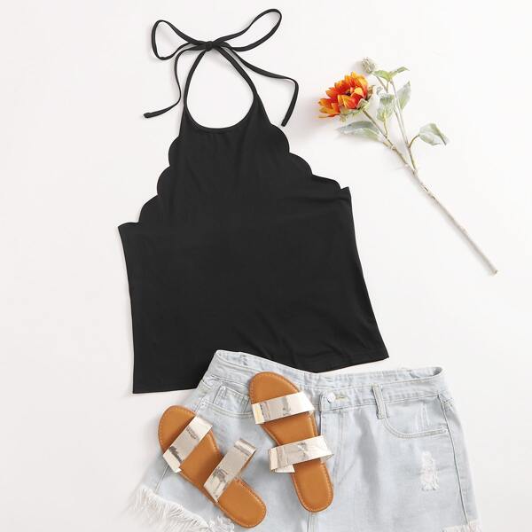

Plus Scallop Trim Tie Back Halter Top, Black