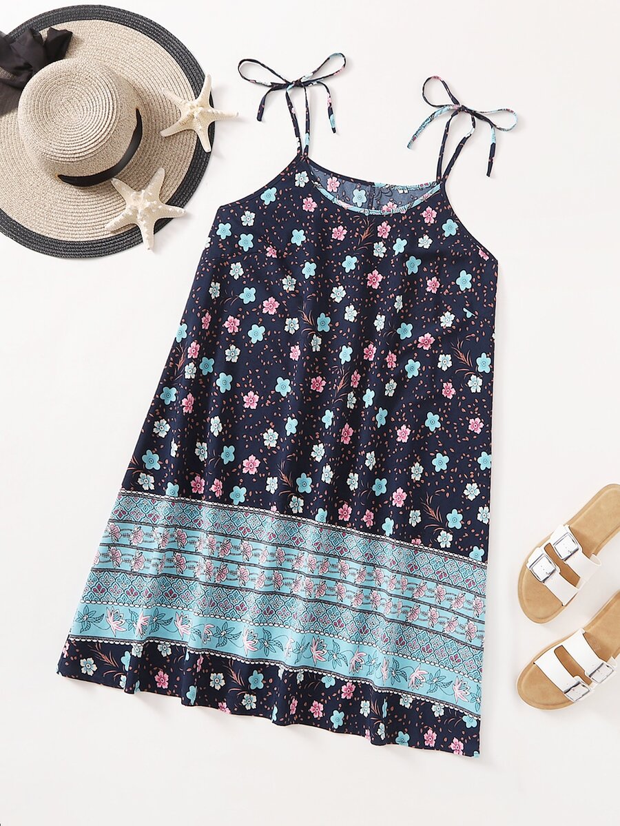 大碼印花繫肩帶吊帶洋裝 - 彩色 - 查看 1