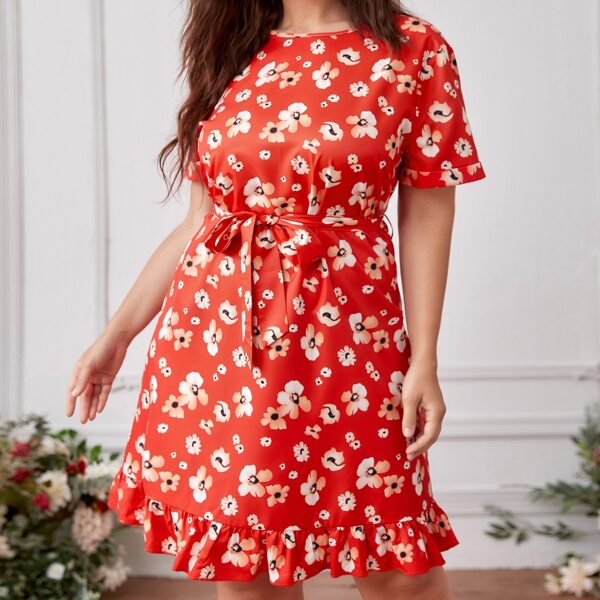 

Plus Floral Belted Ruffle Hem Dress, Red