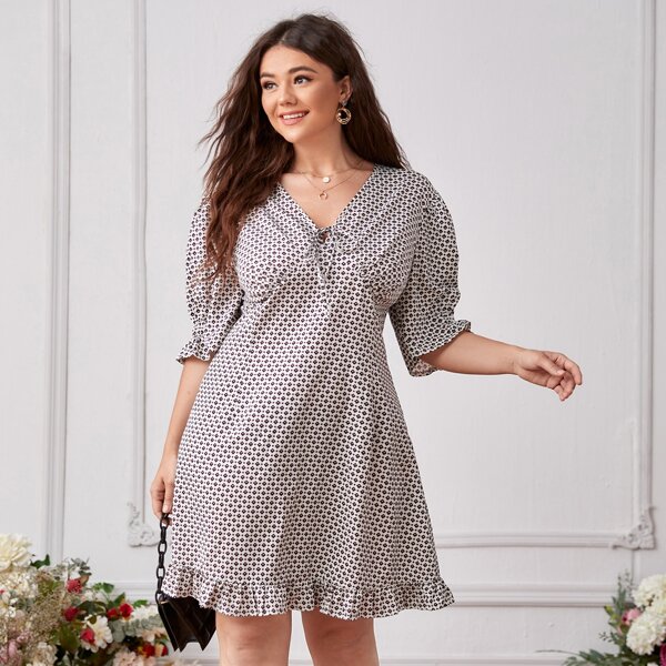 

Plus Allover Print Puff Sleeve Ruffle Hem Dress, Multicolor