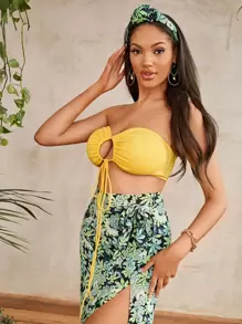 SHEIN Unity Ruched Bust Tie Front Crop Tube Top - Yellow - View 1