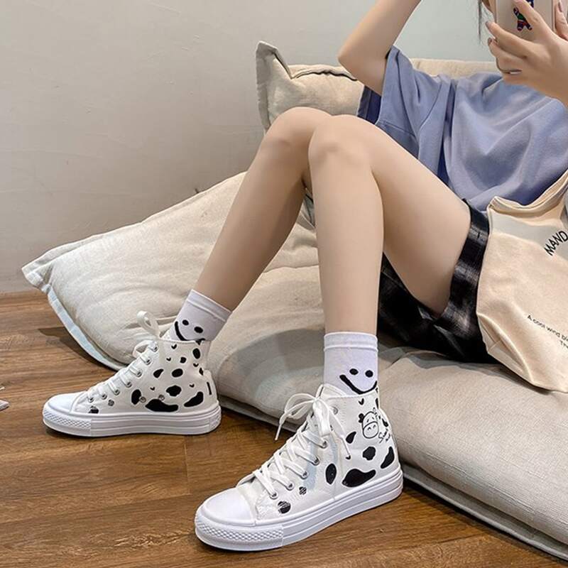 

Cow Print Lace-up High Top Canvas Sneakers, Black and white