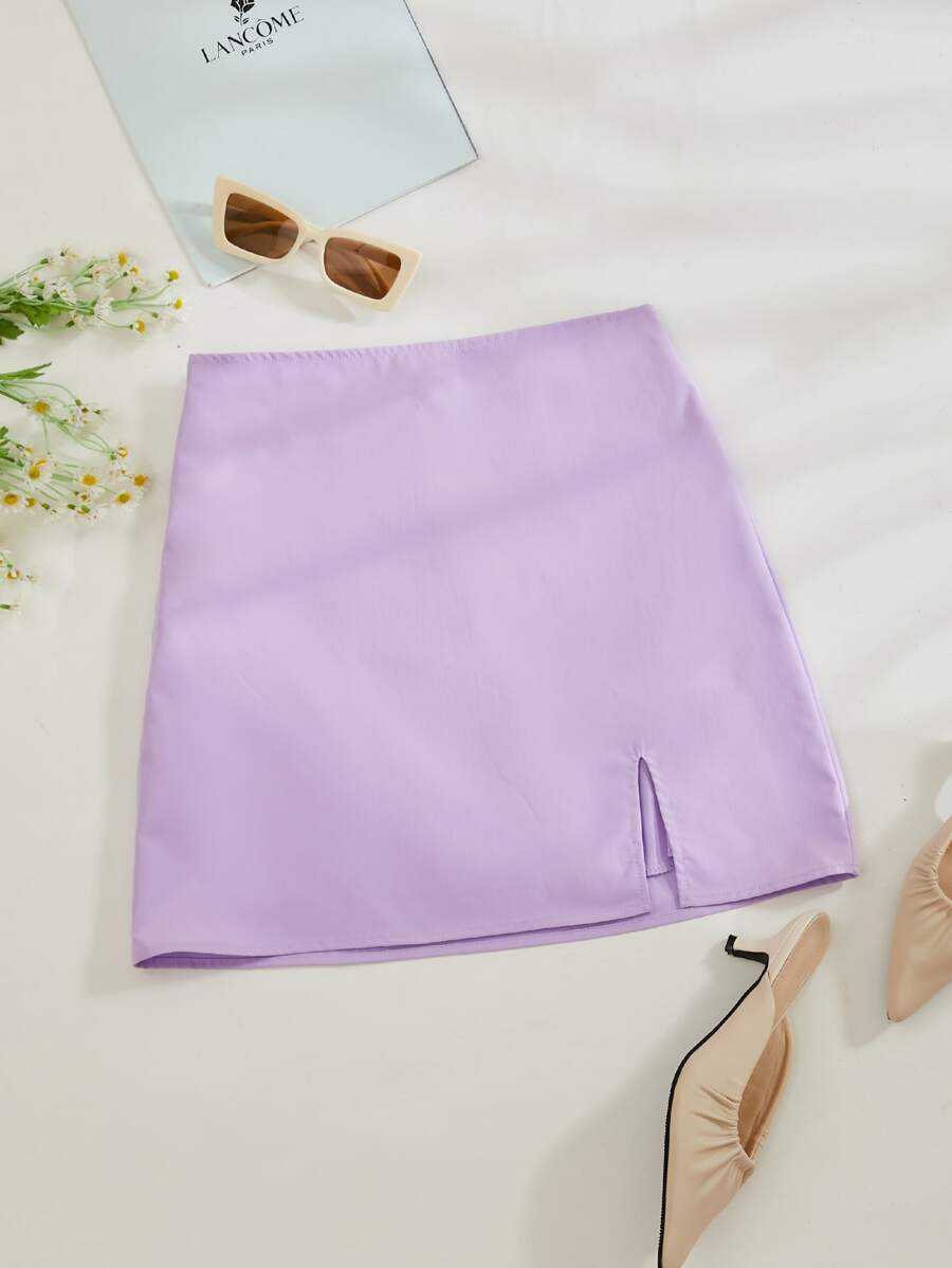 Chiquease Solid Split Hem Zipper Skirt - Lilac Purple - View 1