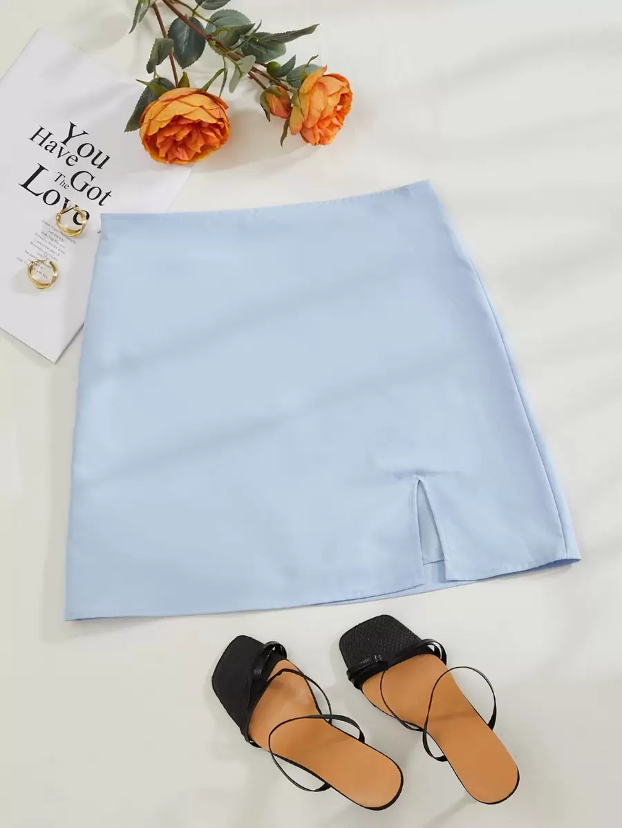 Chiquease Solid Split Hem Zipper Skirt - Baby Blue - View 1