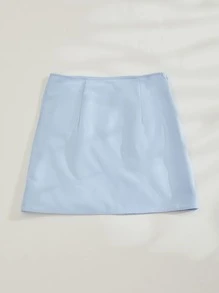 Chiquease Solid Split Hem Zipper Skirt - Baby Blue - View 2