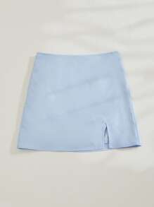 Chiquease Solid Split Hem Zipper Skirt - Baby Blue - View 3