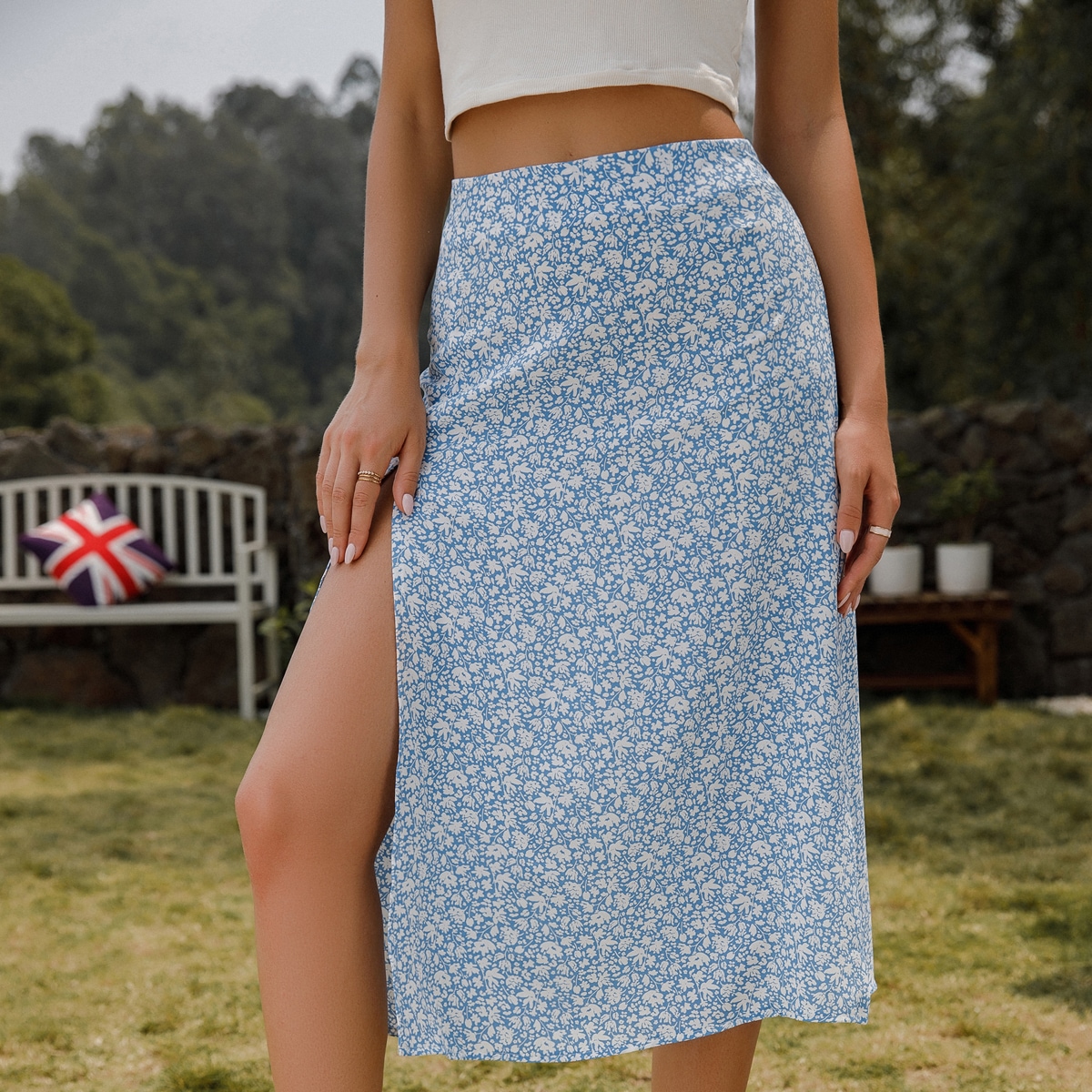 shein ditsy floral split thigh skirt